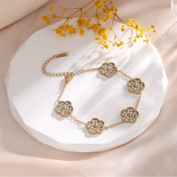Jewelry - Gold-Toned Stainless Steel Stones Flower Motif Bracelet